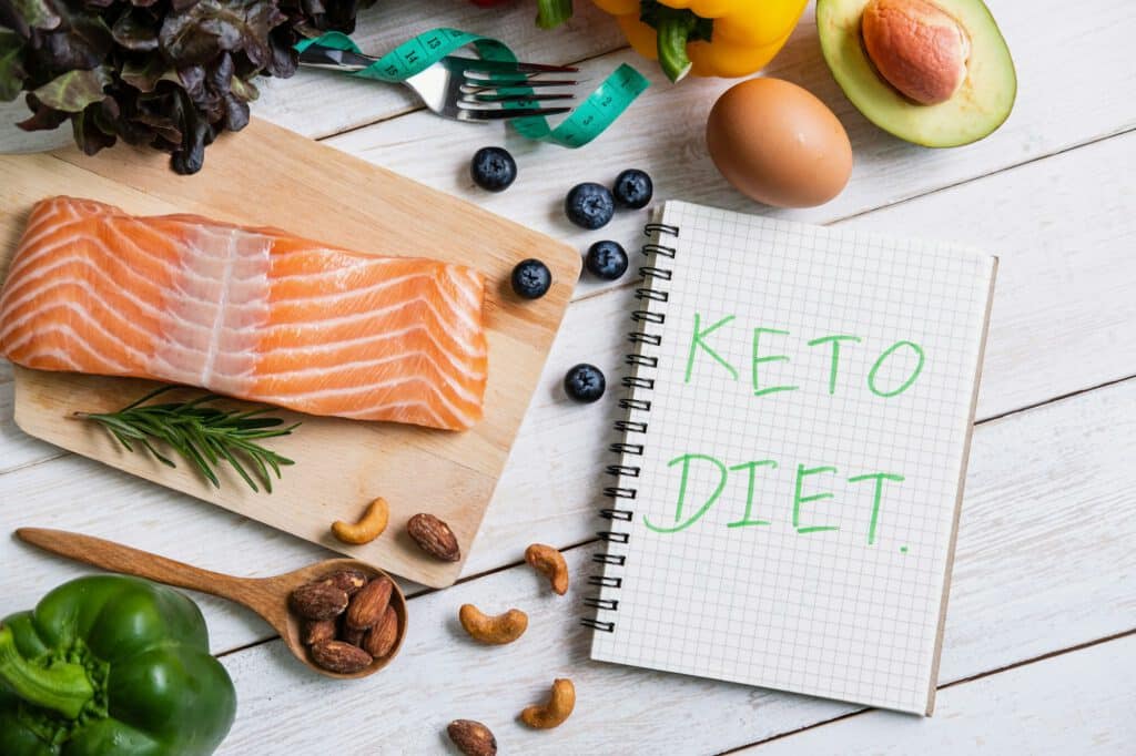 Healthy eating food with notebook, Ketogenic diet concept, Top view